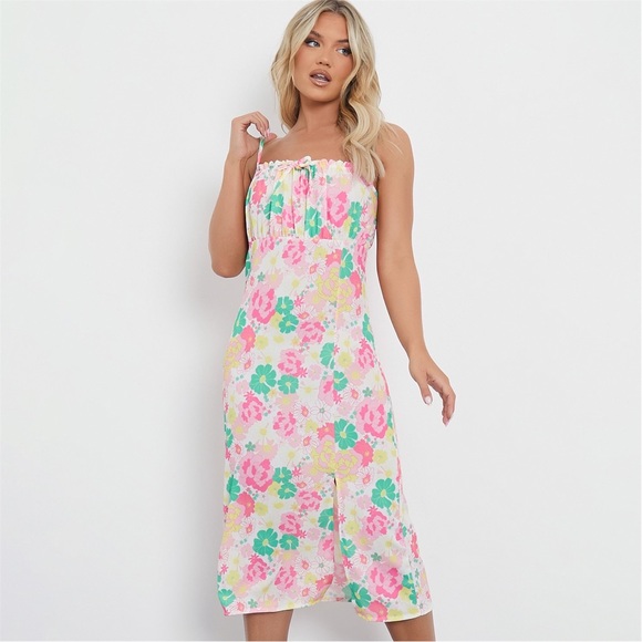 Floral Square Neck Midi Dress with Ruched Bust and Slit - Picture 9 of 12